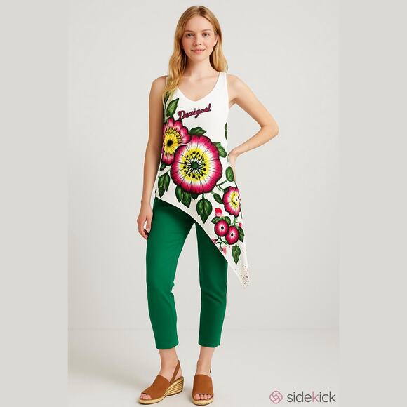 Desigual White Floral Sleeveless Asymmetrical Top Size XL - Picture 2 of 9